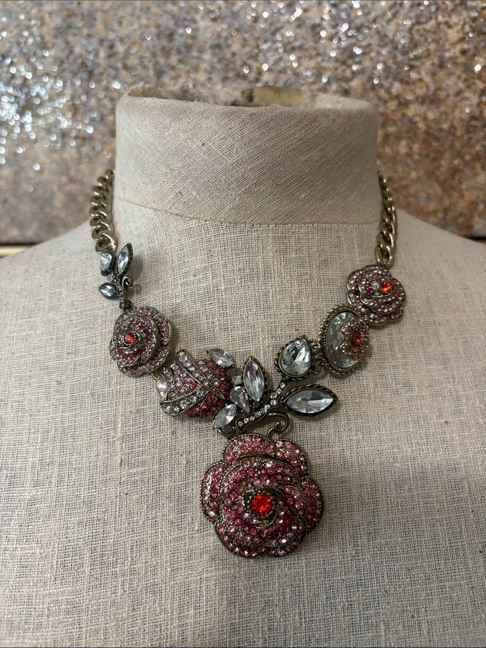 Betsey Johnson Pink Rhinestone Rose Statement Necklace Brass Tone Floral - Picture 8 of 10